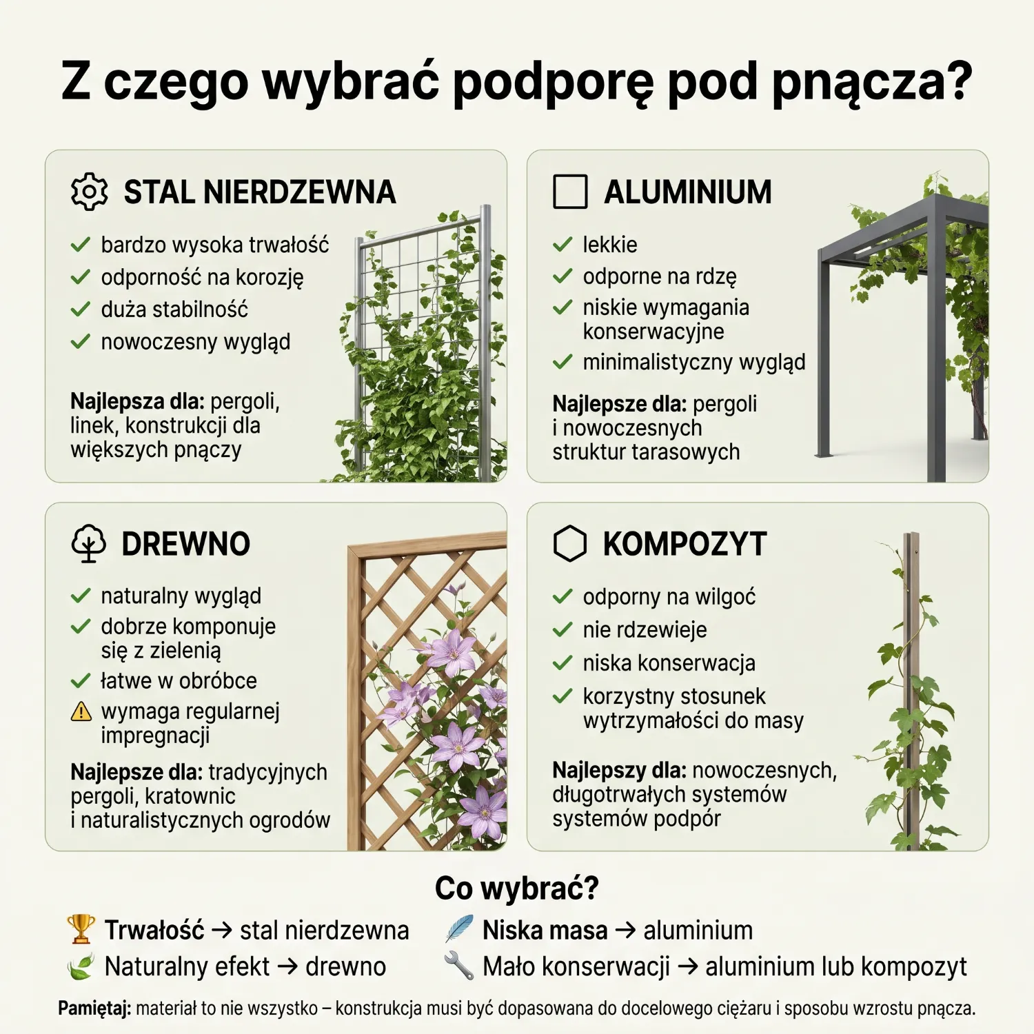 Przewodnik porównujący materiały na podpory pod pnącza (stal nierdzewna, aluminium, drewno, kompozyt), wymieniający ich zalety i przykładowe zastosowania.